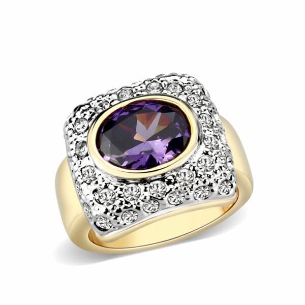 LO5W105- Gold Plated Brass Ring with CZ In Amethyst
