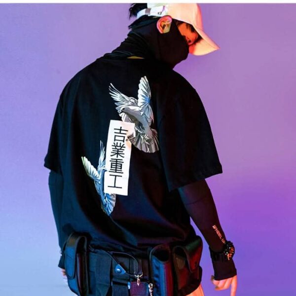 Japanese Harajuku T Shirts Men/Women SS Peace Dove Print Hip Hop Streetwear Oversize Short Sleeve Shirtrs