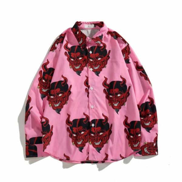 Japanese Style Devil Print Clothes Streetwear Shirts Mens Casual Long Sleeve Shirt Camisas Hip Hop Shirts Tops
