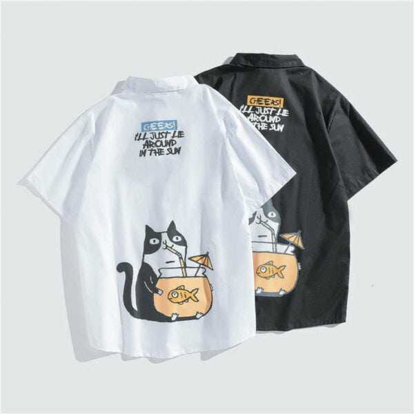 Japanese Style Cat Print White Shirts Mens Casual Short Sleeve Shirt Male Fashion Cotton Shirts Tops Clothing
