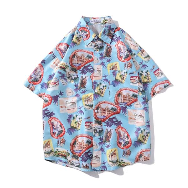 Summer Korean Flower Shirt Fashion Beach Holiday Pink Shirt Casual Mens Short Sleeve Hawaiian Shirts