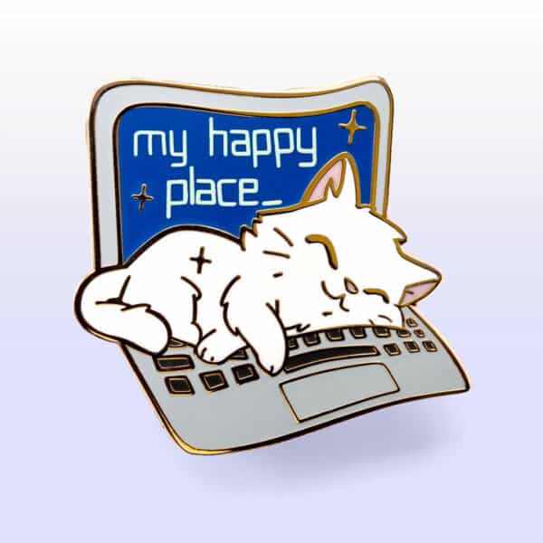 My Happy Place Laptop (Russian White Cat) Enamel Pin